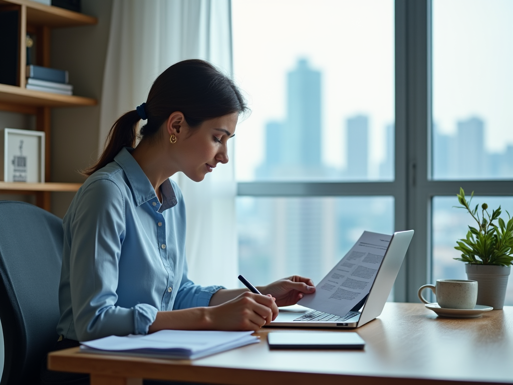 Young woman working on laptop at desk with window city view behind her.