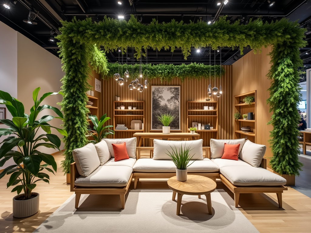 Modern living area with wooden furniture, lush greenery, hanging lights, and decorative cushions.