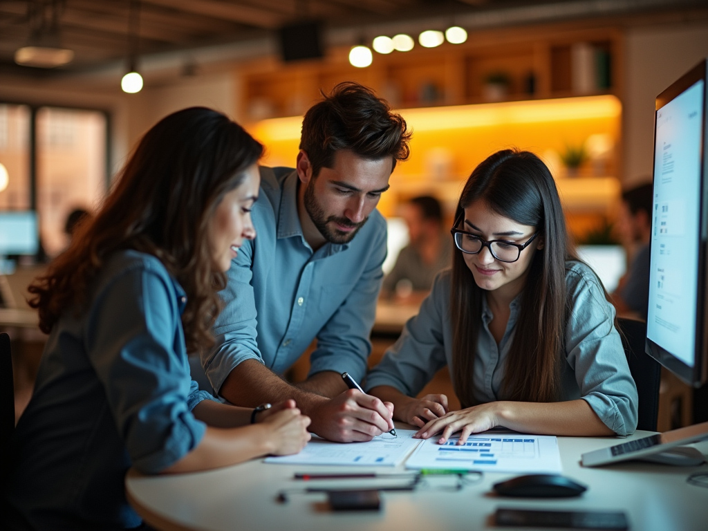 Three professionals collaborate at a desk with documents and monitors, in a well-lit office.